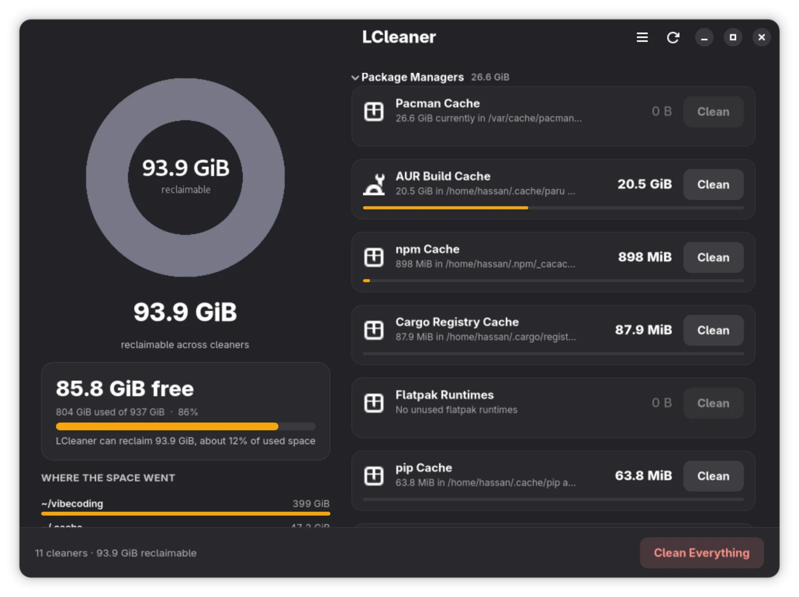 Cleaner overview with a disk usage donut chart