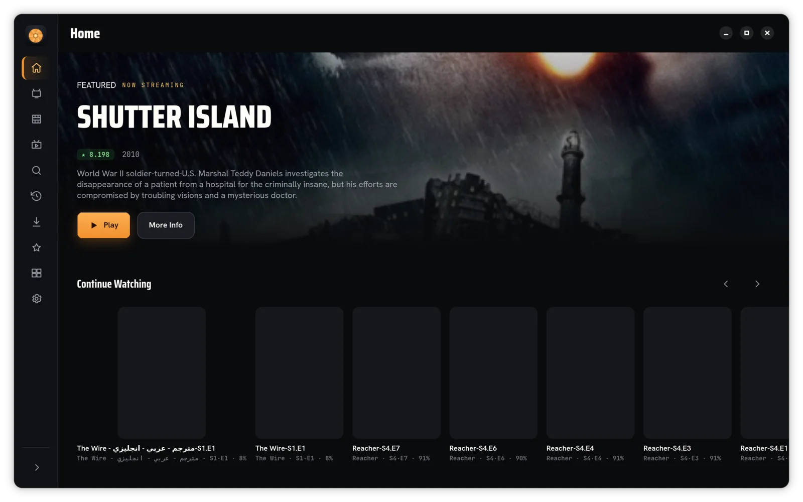 Home screen with cinematic poster rows