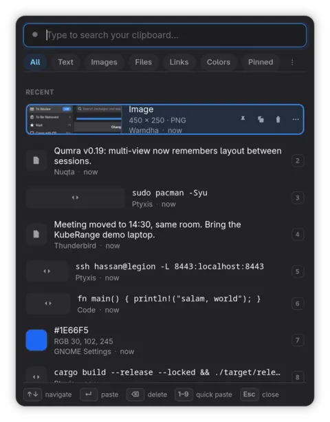 Clipboard history list
