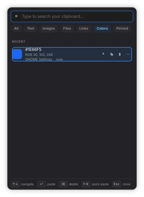 History filtered to copied colors